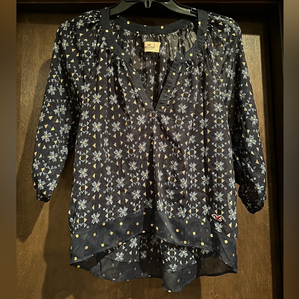 Blue 3/4 Length Sleeve Sheer Blouse
